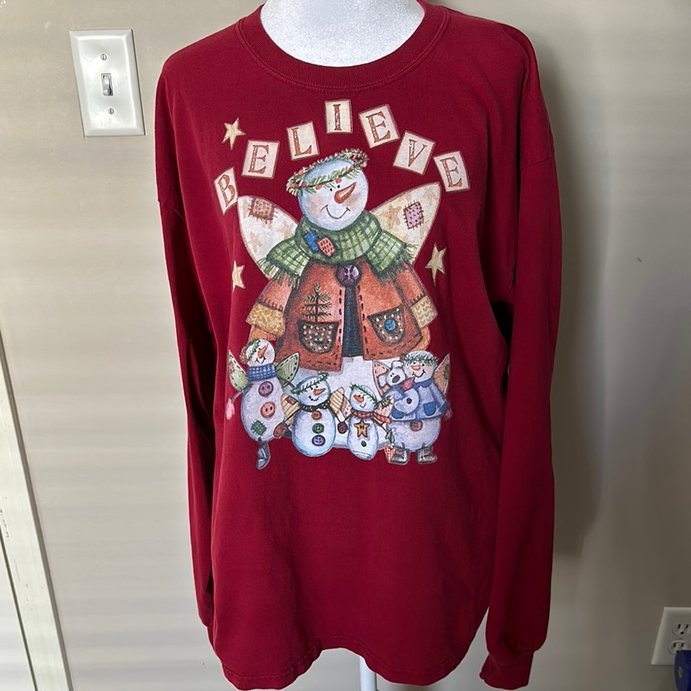 Festive Red Snowman long sleeve with cuff t shirt